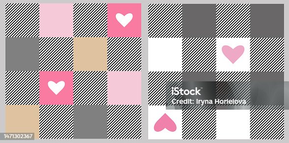 istock Two fashionable vector patterns - a cage with hearts of delicate colors. 1471302367