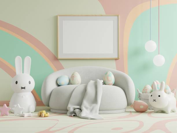istock Mock up pastel light stucco wall in children room,poster frame mockup,Easter day. 1471308804