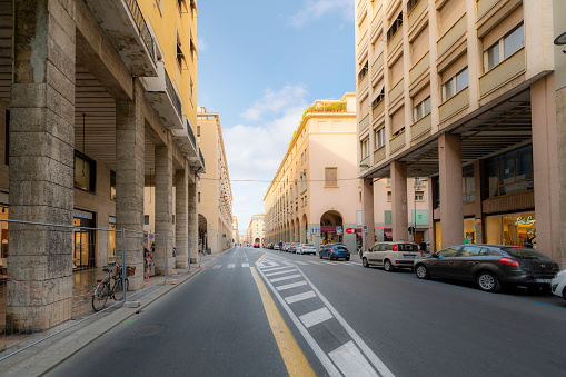View from the Via Grande, the main street of Livorno, Italy, looking towards the Piazza della Repubblica. Livorno is a popular port with tourists due to it's proximity to Florence, Italy.