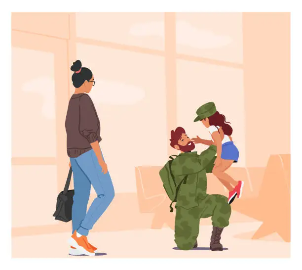 Vector illustration of Mother And Daughter Reunite With Their Soldier Dad Who Is In Uniform. Joy Of Homecoming, Military Families Life