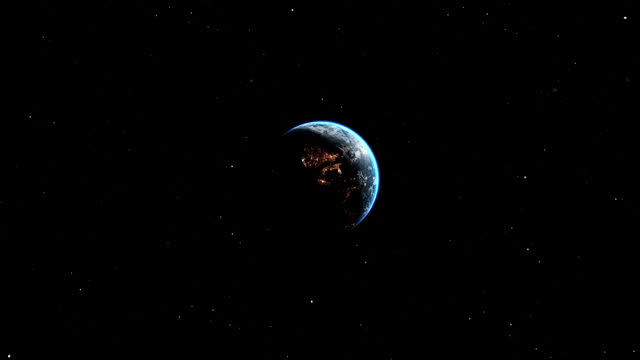 Beautiful 3D Earth Planet animation 4K. Earth change day to dark night, cities lights, sunrise. World planet satellite,Stars, galaxy black for background