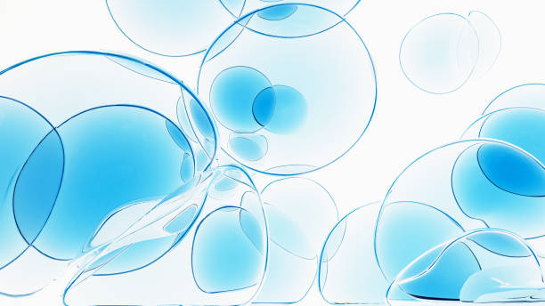 白い背景に透明なセル、重力下に落ちる青いゲルボール、抽象的な化学画像を3dレンダリング - peptide ストックフォトと画像