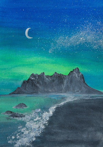 Painting of mountains with an icy beach at night with the glow of Aurora Borealis and a moon and stars.