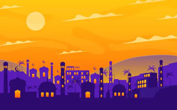 Vector illustration of Arabian Landscape with Mosque and Desert Background Panorama