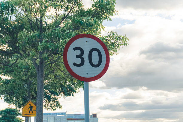 istock 30 kilometer speed limit road sign 1471333275