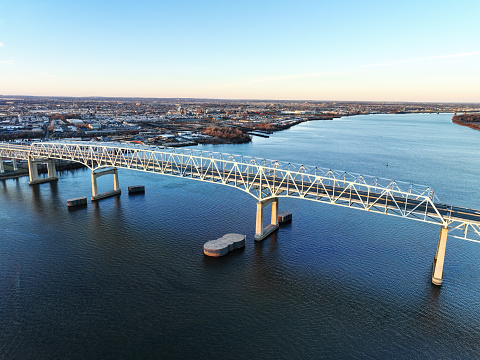 Aerial View of the Betsy Ross Bridge Crossing Delaware River in Philadelphia