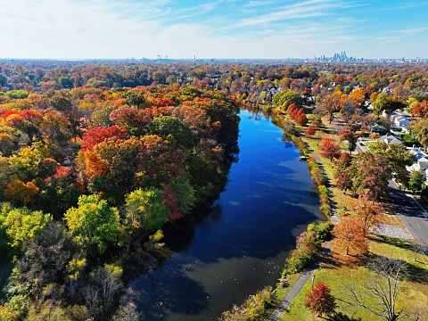 Aerial View of Woods and Lake Fall Colors