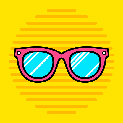 Vector illustration of a pair of sunglasses against a yellow background in line art style.