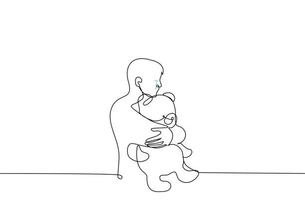 Vector illustration of man crying while hugging a teddy bear - one line drawing. concept psychological session, 