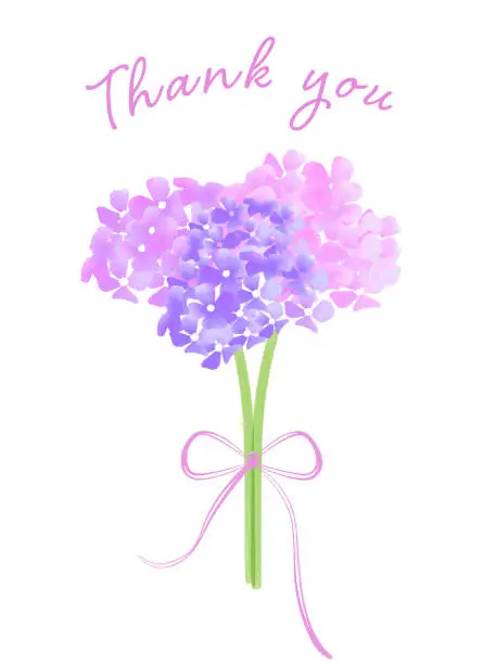 Vector illustration of thank you message card with an abstract illustration of a hydrangea in gradation colors with a watercolor touch