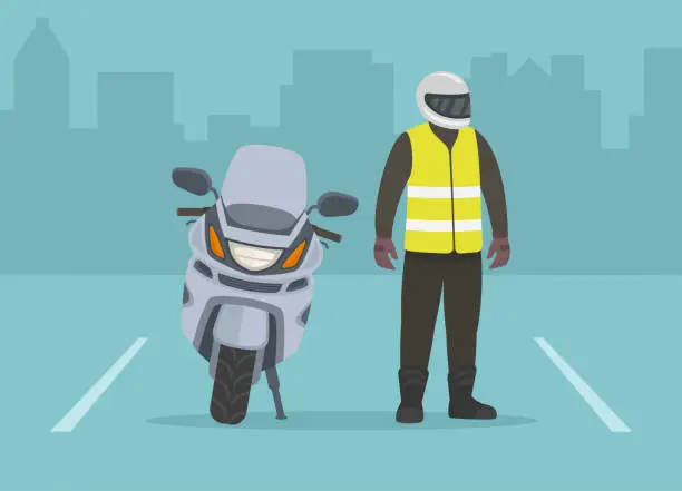 Vector illustration of Isolated male motorcycle rider stands beside the motorbike. Perspective front view.
