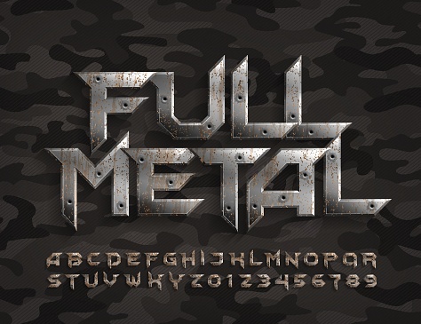 Full Metal alphabet font. Rusty metal letters and numbers with bullet marks. Camo background. Stock vector typescript for your design.
