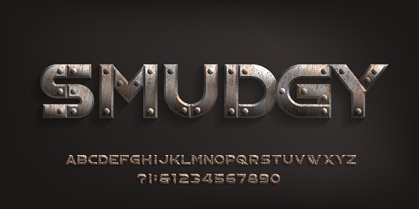 Smudgy alphabet font. Rust metal letters and numbers with rivets. Stock vector typeface for your typography design.