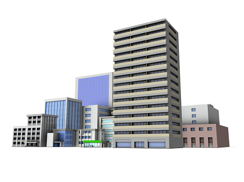Miniatures of dense urban buildings. High-rise apartments and skyscrapers. Exteriors of hospitals and government buildings. 3D rendering.