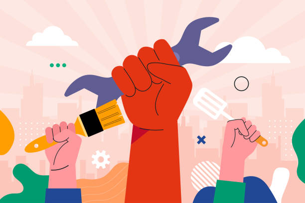 illustrazioni stock, clip art, cartoni animati e icone di tendenza di festa del lavoro, i lavoratori di varie professioni comunicano, con edifici e strumenti di lavoro sullo sfondo, illustrazione vettoriale - lavoro