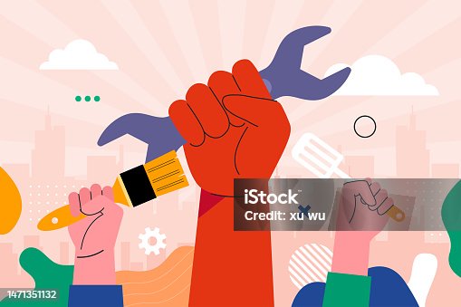 istock Labor day, working people of various professions communicate, with buildings and labor tools in the background, vector illustration 1471351132
