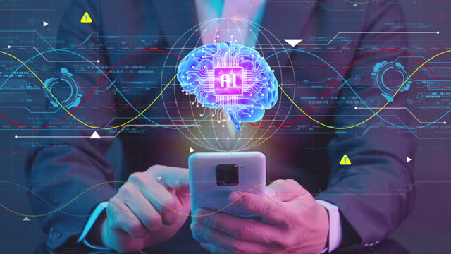 AI icon with brain and global hologram above smartphone.