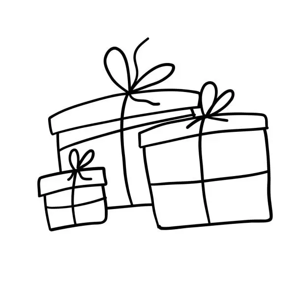 Vector illustration of Christmas and New Year Gifts in outline doodle flat style