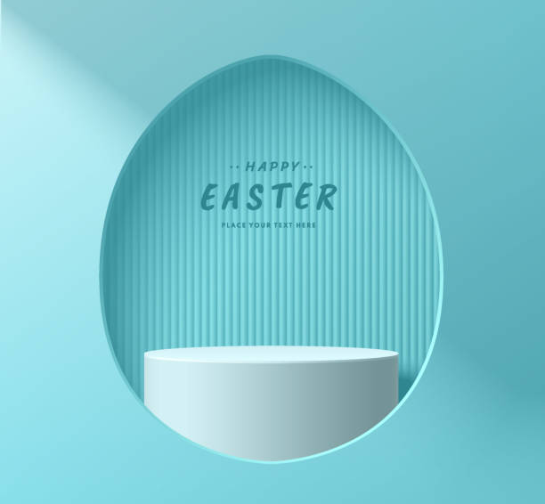 Blue white stand product podium happy easter day 3D background in egg shape window. Pastel minimal wall scene mockup product cylinder stage showcase, Promotion display. Abstract vector geometric form. vector art illustration