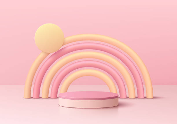istock 3D realistic cylinder product podium background with pink, yellow balloon semi circle shape. Minimal wall scene mockup product stage showcase, Kid promotion display. Abstract vector geometric forms. 1471357539