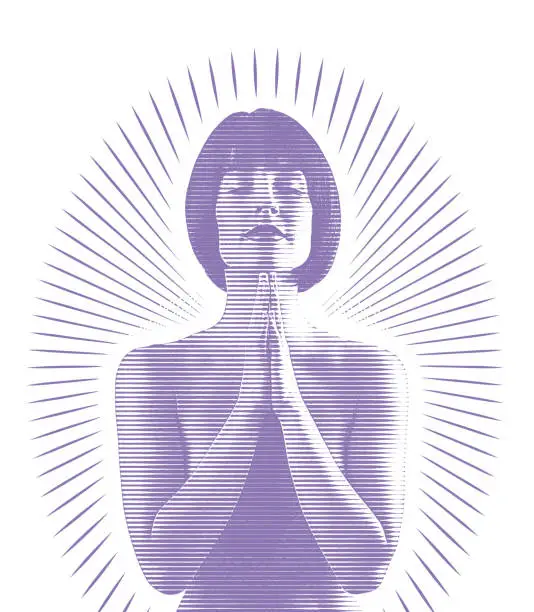 Vector illustration of Beautiful woman praying with sunbeams