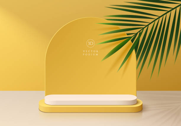 3D realistic yellow, white products podium background with coconut leaf and arch backdrop. Summer minimal wall scene mockup product stage showcase, Promotion display. Abstract vector geometric forms. vector art illustration