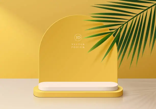 Vector illustration of 3D realistic yellow, white products podium background with coconut leaf and arch backdrop. Summer minimal wall scene mockup product stage showcase, Promotion display. Abstract vector geometric forms.