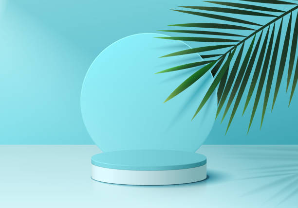 istock 3D realistic blue, green products podium background with coconut leaf and circle backdrop. Minimal wall scene mockup product stage showcase, Banner promotion display. Abstract vector geometric forms. 1471358461