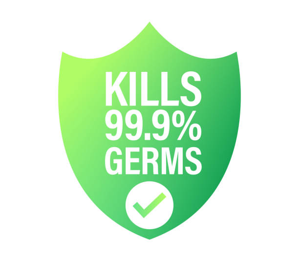 ilustrações de stock, clip art, desenhos animados e ícones de kills 99.9% germs vector icon with shield, green in color - vector editorial cut out recycling