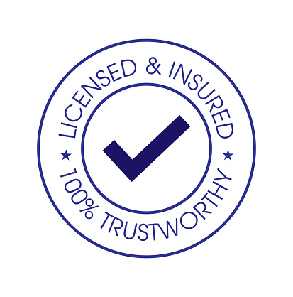 licensed insured, 100% trust worthy  vector icon with tick mark, blue in color