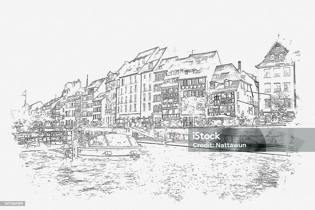 Street city of Strasbourg sketch, beautiful famous landmark at France. - Royalty-free Aquarel Stockillustraties Street city of Strasbourg sketch, beautiful famous landmark at France. - Royalty-free Aquarel Stockillustraties