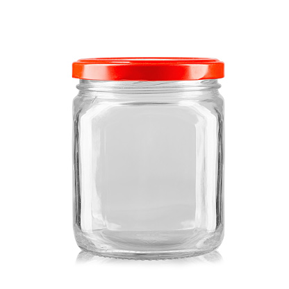 Empty jar with red lid. Isolated on a white background. File contains clipping path