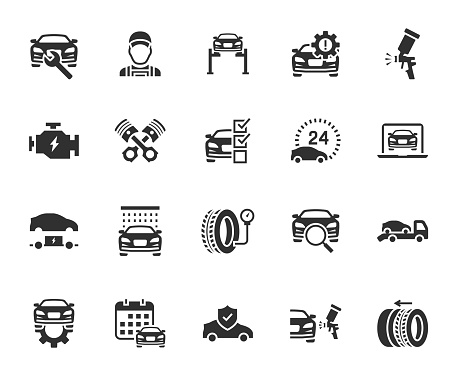 Vector set of car service flat icons. Contains icons check engine, car wash, mechanic, car diagnostics, car painting, tire service, tow truck and more. Pixel perfect.