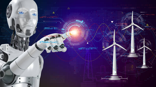 istock Robot touching technology circle for start wind turbine working. eco electricity energy concept. Electrical power plant ecology industrial manufacture. Robotic integration electric technology. 1471364021