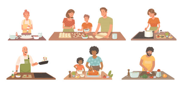 ilustraciones, imágenes clip art, dibujos animados e iconos de stock de conjunto de personajes preparando comidas. un chef pastelero haciendo un pastel, una familia haciendo albóndigas, un ama de casa haciendo sopa - stereotypical housewife little girls family domestic kitchen