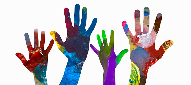 Colorful silhouettes of raised hands.