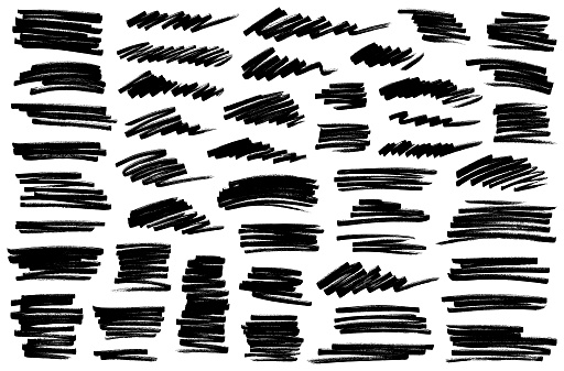 Set of grunge black shapes and brush strokes. Vector marker strokes.