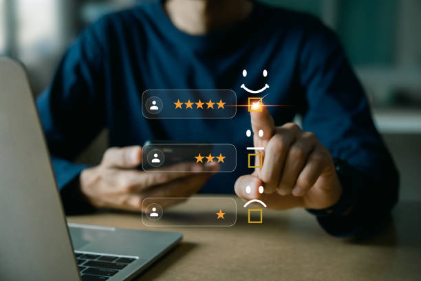 istock Customer services best excellent business rating experience. Satisfaction survey concept. user give rating to service experience on online application . 1471369129
