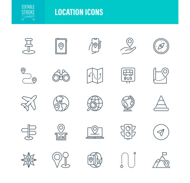 Location Icons Editable Stroke. The set contains icons as Navigation, Direction, Map Pin, Famous Place vector art illustration