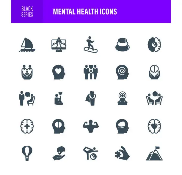 Vector illustration of Mental Health Black Icons