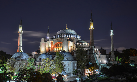 Hagia Sophia (Church of the Holy Wisdom) in night. It was the world largest building and an engineering marvel of its time.