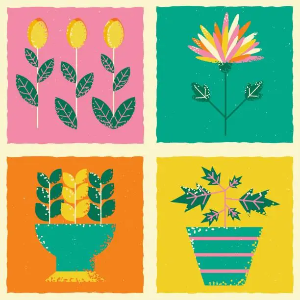 Vector illustration of Vector illustration on the theme of flowers. Square template with tulips, plants, flowers in a pot, flower bed.