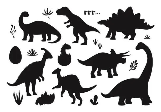 Vector illustration of Set of different black silhouettes of various dinosaurs