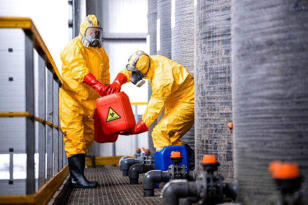 trabajadores de fábrica que manejan productos químicos o ácidos peligrosos dentro de la planta química. - traje protector fotografías e imágenes de stock