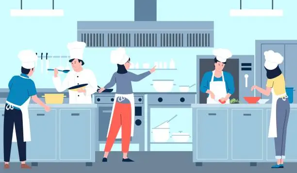 Vector illustration of Restaurant professional cooking kitchen, commercial chef and team cook diverse food. Hotel industry, cafe or bar workers in uniform, service recent vector scene