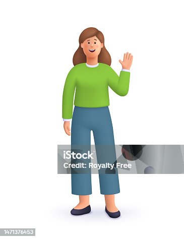 istock Young smiling woman standing with greeting gesture, saying Hello, Hi or Bye and waving with hand.. 3d vector people character illustration. Cartoon minimal style. 1471376453