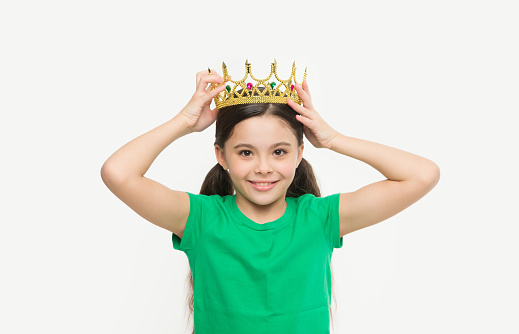In my dreams I could be princess. Kid wear golden crown symbol of princess. Dreams and fairy tales. Every girl dreaming to become princess. Lady adorable little princess. Royal family concept.