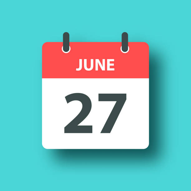 June 27 - Daily Calendar Icon on Blue Green background with shadow June 27. Calendar Icon in a Flat Design style. Daily calendar isolated on a trendy color, a blue green background and with a dropshadow. Vector Illustration (EPS file, well layered and grouped). Easy to edit, manipulate, resize or colorize. Vector and Jpeg file of different sizes. number 27 stock illustrations