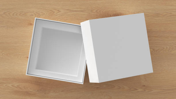 istock Square open box packaging mockup on wooden background. Template for your design 1471384117
