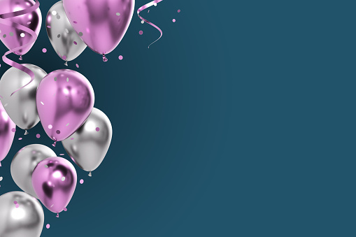 celebration green silver balloons and confetti 3d illustration